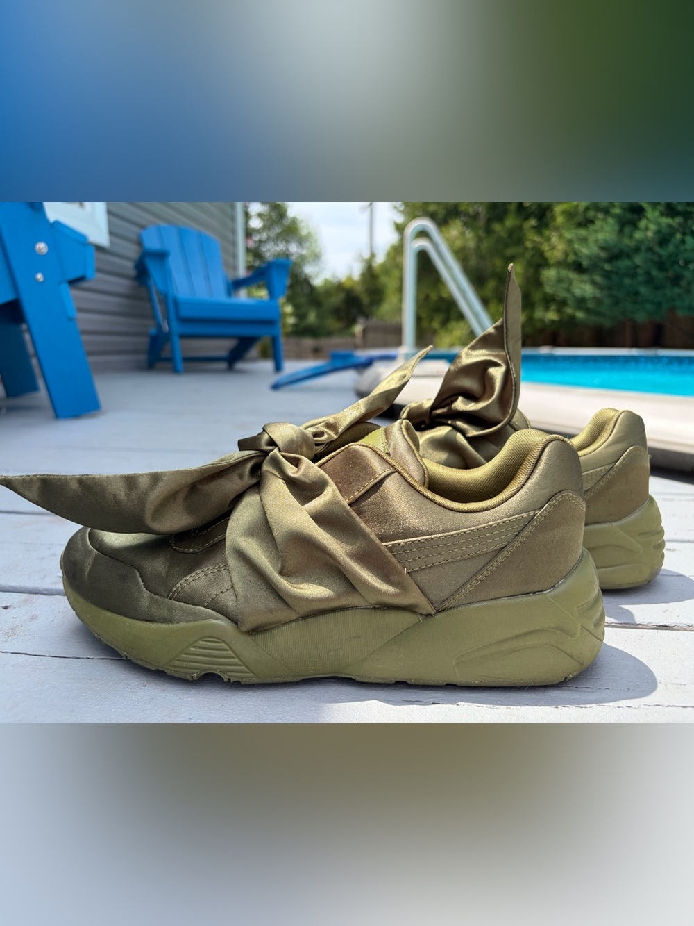Women's Olive Green Satin Bow Chunky Sneakers